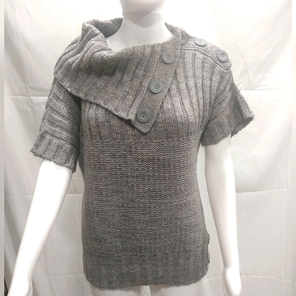 NWOT Sweater Project Heather Gray Short Sleeve Button Down Cowal Neck Sweater - Picture 9 of 11